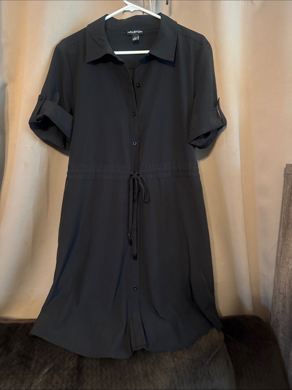 Halston Heritage Black Midi Shirt Dress with Tie Waist